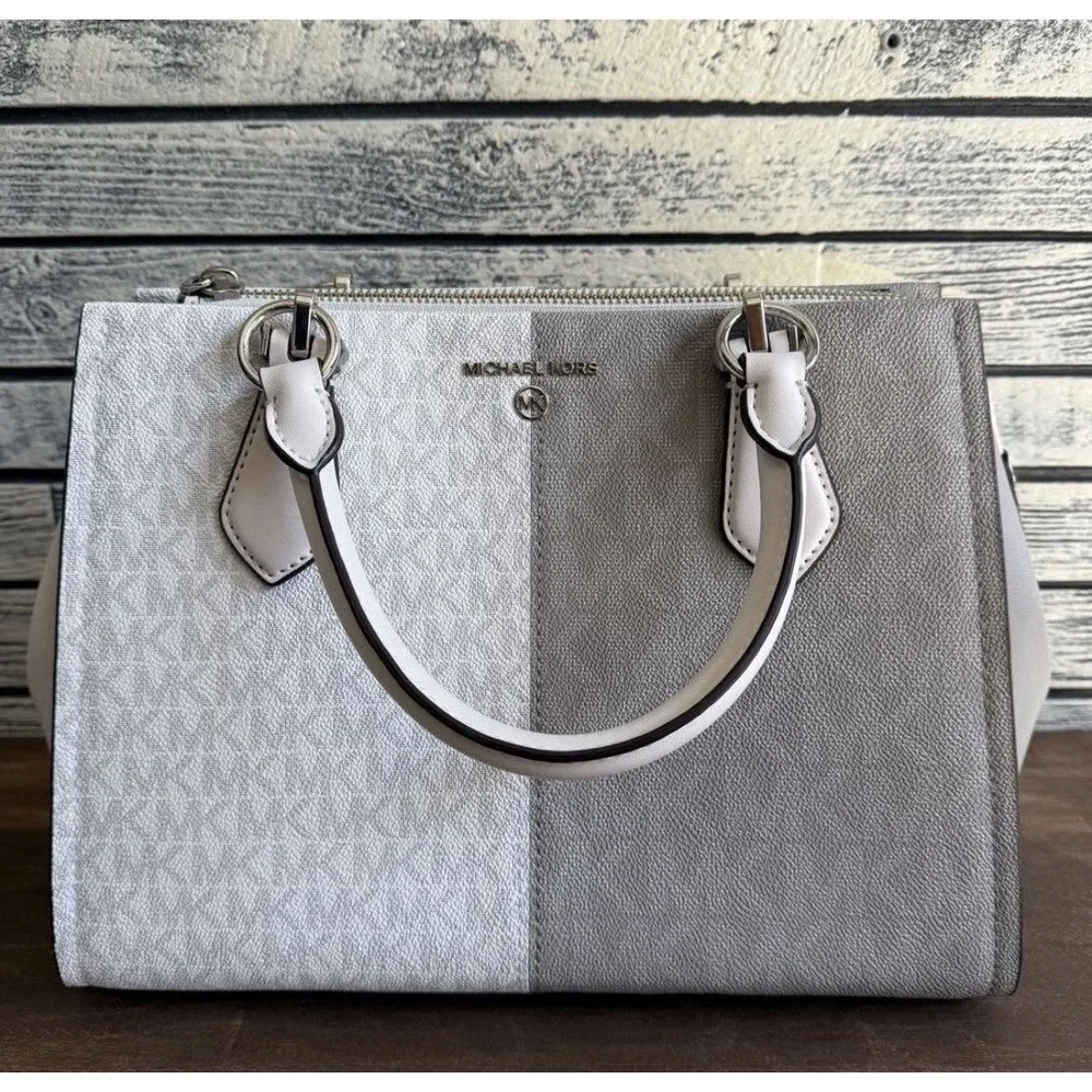 Michael Kors Two Tone Grey White MK Monogram Logo Satchel Bag Silver Hardware